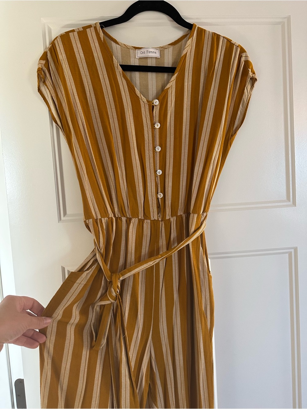 Ces Femme Mustard and Cream Striped Button-Up Jumpsuit with Tie Waist